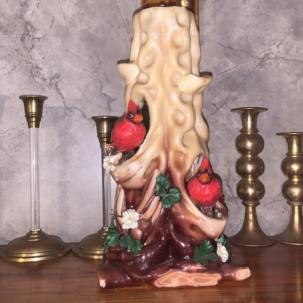 Vintage 1970s Hand Carved Wax Candle Sculpture With Cardinals Holiday Winter - Picture 10 of 17